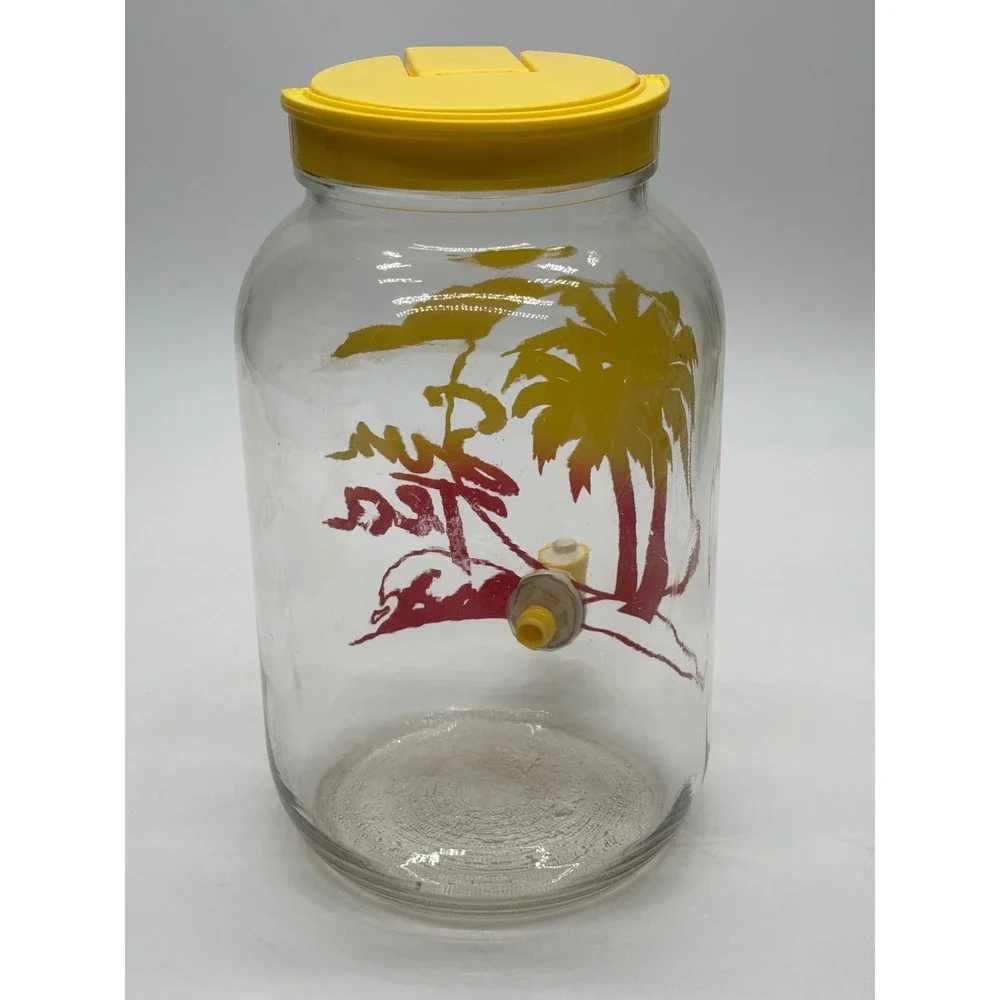 Vintage Sun Tea Glass Beverage Dispenser Palm Tree Tropical Retro 1 Gallon Jar